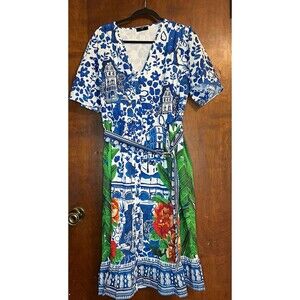 T Tahari Button Down Midi Dress 16 Bliss Garden Blue Tile Print Floral NWT